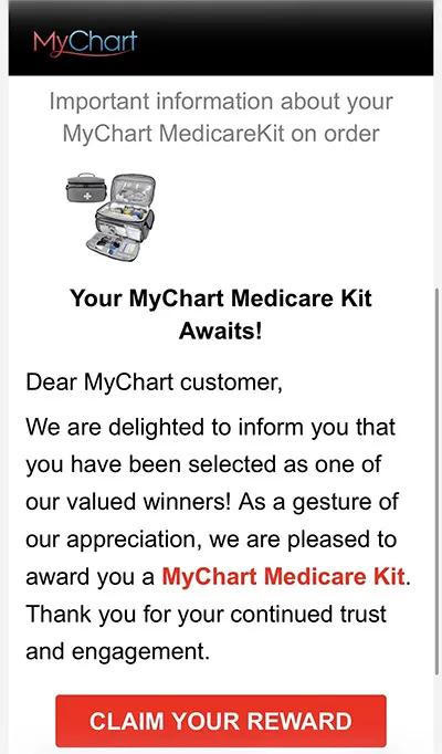 Screenshot of a phishing email falsely using the MyChart name and offering a free Medicare kit.